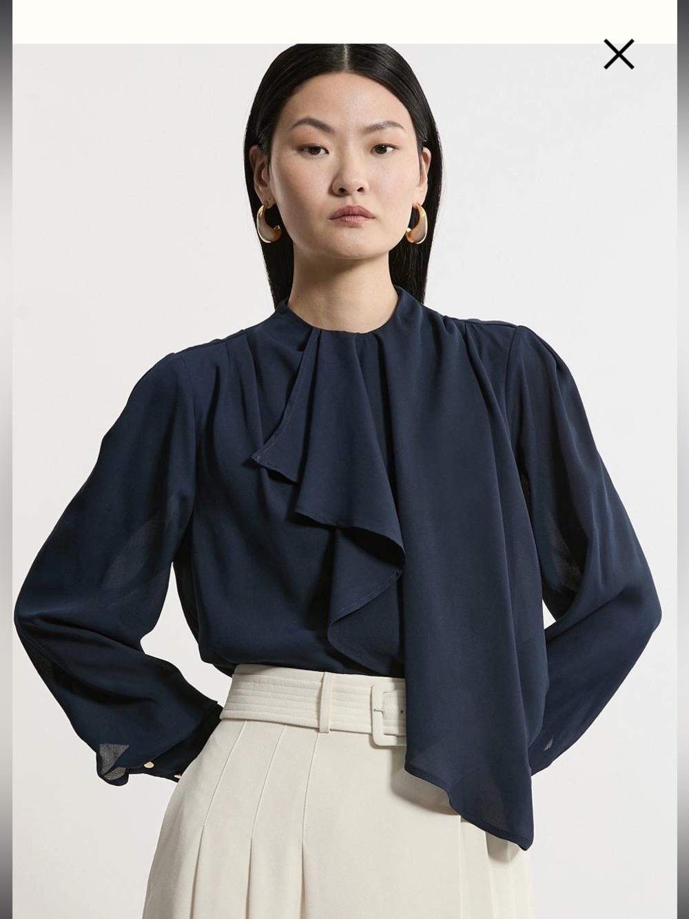 KAREN MILLEN GEORGETTE DRAPED FRONT HIGH NECK WOVEN BLOUSE US size 4 Navy